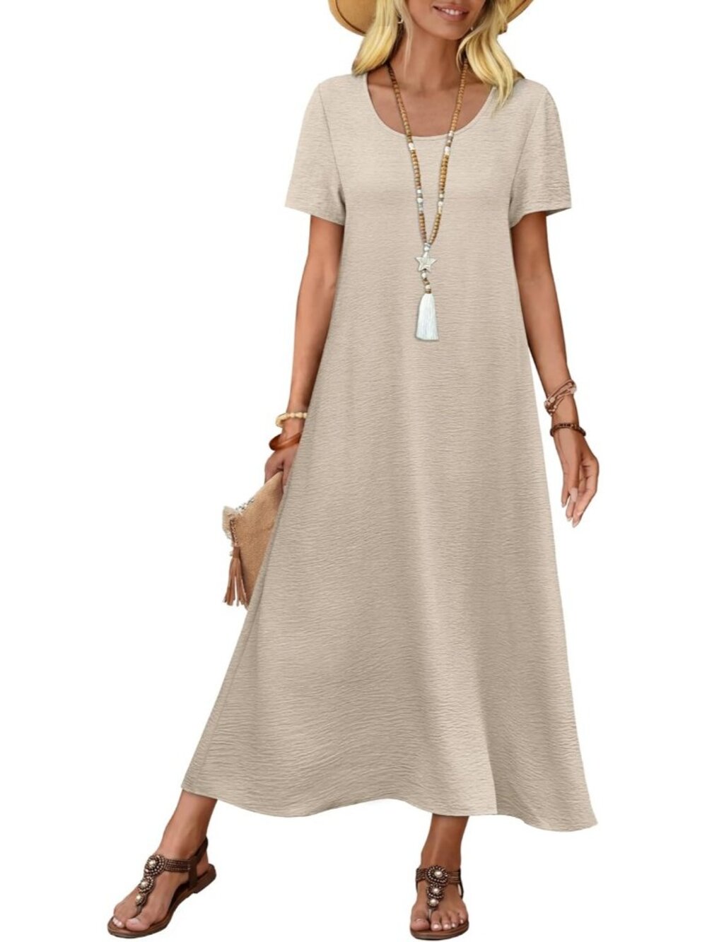 Women Dress Midi Apricot Polyester Crew Neck Short Sleeve Lightweight  Summer